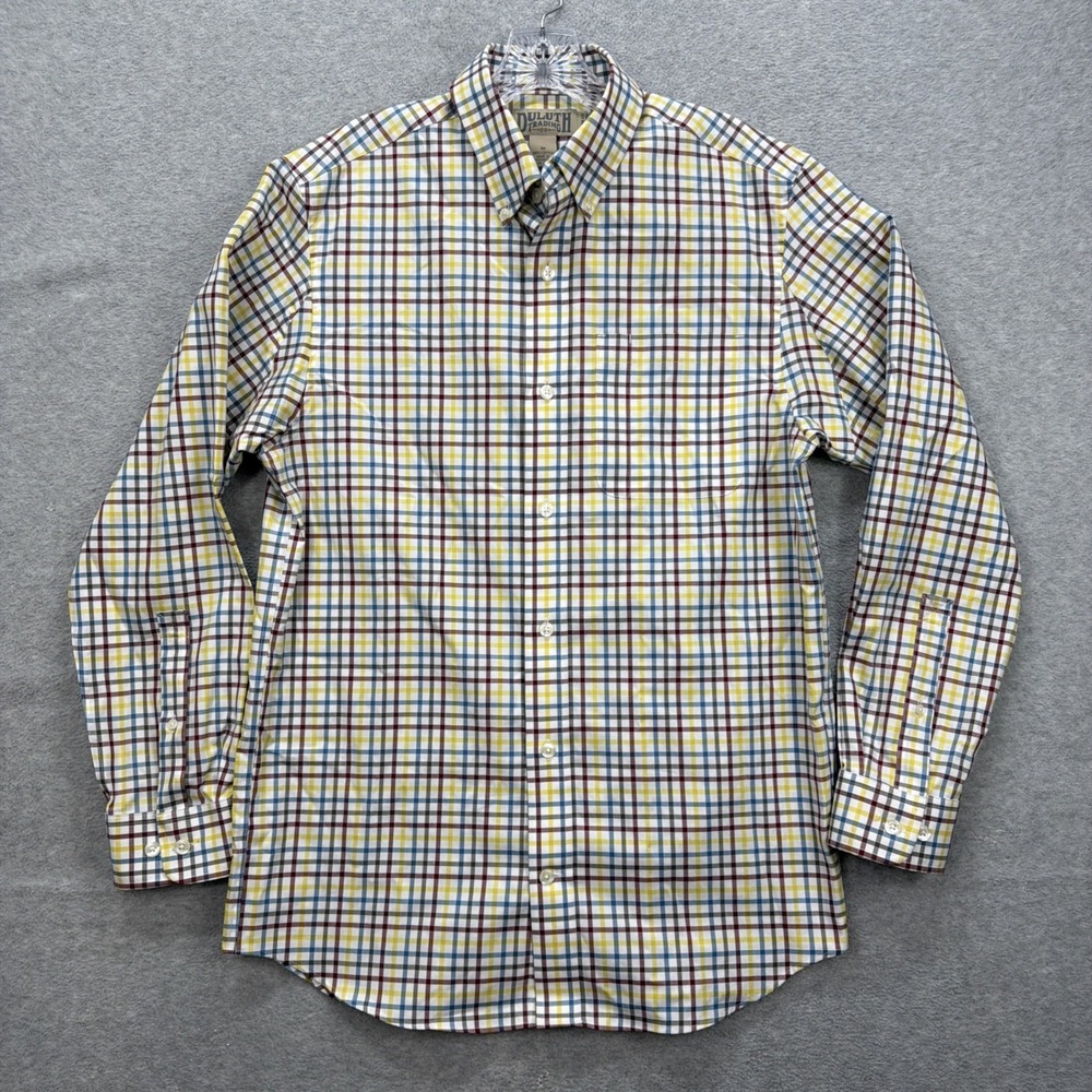 Duluth Trading Shirt Mens Medium‎ Yellow Blue Red Check Trim Fit Oxford Work